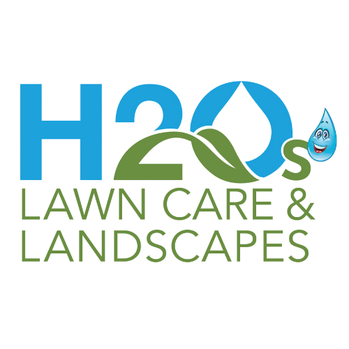 H2Os Lawn Care and Landscapes logo with water droplet mascot and green landscape design.