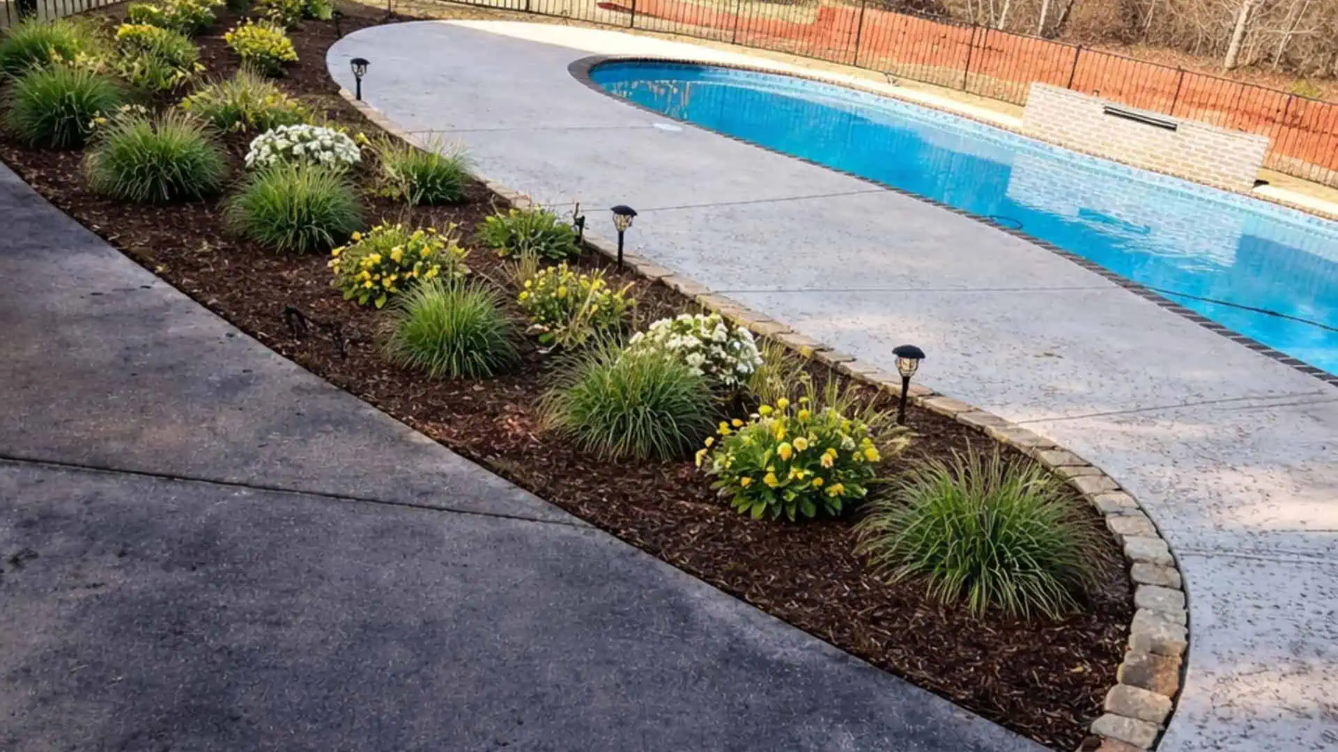 Beautiful landscaped garden with lush plants and a swimming pool.
